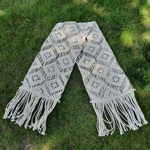 Boho Cream Macrame Woven Table Runner With Long Fringe Ends